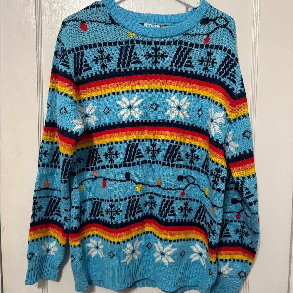 Aldi Gear Ugly Christmas Sweater Snowflakes Retro Holiday Lights Blue Medium Men